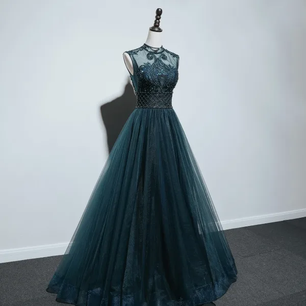 Haut de Gamme Bleu D'encre Transparentes Dansant Robe De Bal 2021 Princesse Col Haut Sans Manches Appliques En Dentelle Perlage Perle Longue Volants