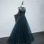 Haut de Gamme Bleu D'encre Transparentes Dansant Robe De Bal 2021 Princesse Col Haut Sans Manches Appliques En Dentelle Perlage Perle Longue Volants