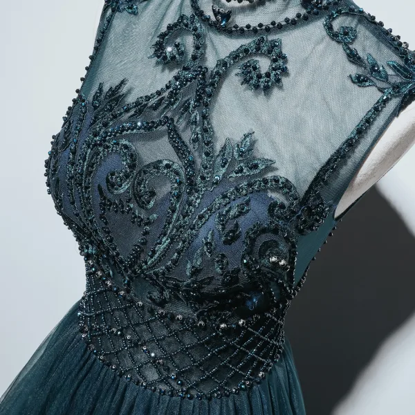 Haut de Gamme Bleu D'encre Transparentes Dansant Robe De Bal 2021 Princesse Col Haut Sans Manches Appliques En Dentelle Perlage Perle Longue Volants