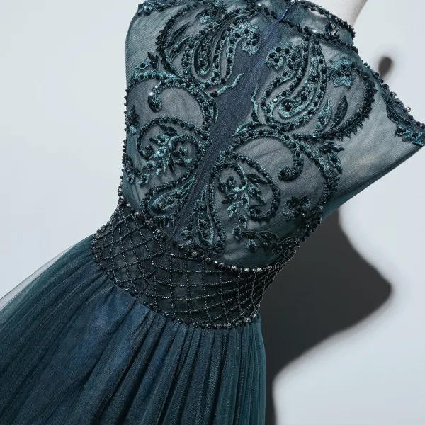 Haut de Gamme Bleu D'encre Transparentes Dansant Robe De Bal 2021 Princesse Col Haut Sans Manches Appliques En Dentelle Perlage Perle Longue Volants