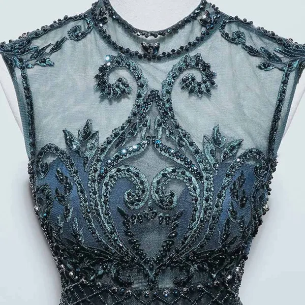 Haut de Gamme Bleu D'encre Transparentes Dansant Robe De Bal 2021 Princesse Col Haut Sans Manches Appliques En Dentelle Perlage Perle Longue Volants