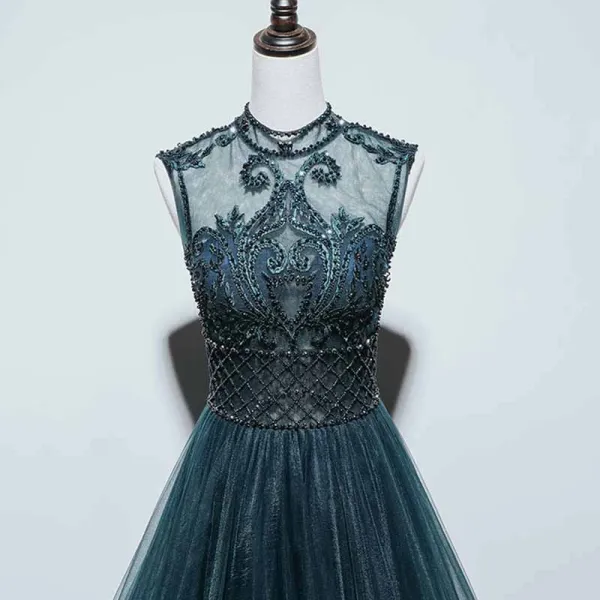 Haut de Gamme Bleu D'encre Transparentes Dansant Robe De Bal 2021 Princesse Col Haut Sans Manches Appliques En Dentelle Perlage Perle Longue Volants