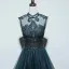 Haut de Gamme Bleu D'encre Transparentes Dansant Robe De Bal 2021 Princesse Col Haut Sans Manches Appliques En Dentelle Perlage Perle Longue Volants