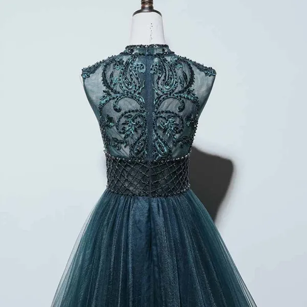 Haut de Gamme Bleu D'encre Transparentes Dansant Robe De Bal 2021 Princesse Col Haut Sans Manches Appliques En Dentelle Perlage Perle Longue Volants