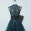 Haut de Gamme Bleu D'encre Transparentes Dansant Robe De Bal 2021 Princesse Col Haut Sans Manches Appliques En Dentelle Perlage Perle Longue Volants