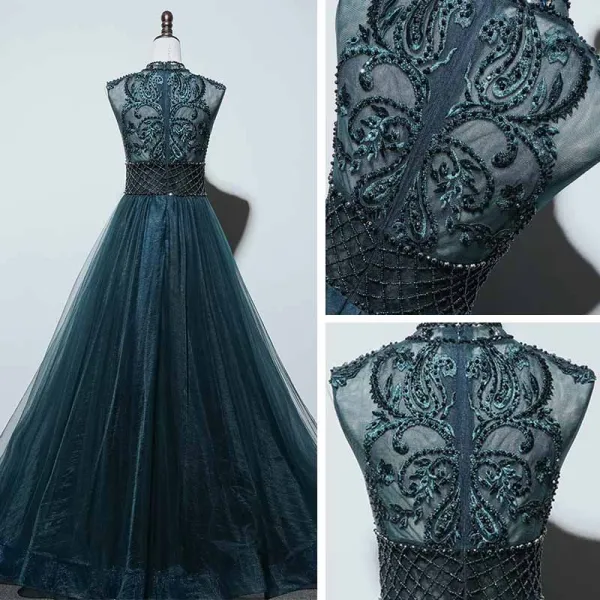 Haut de Gamme Bleu D'encre Transparentes Dansant Robe De Bal 2021 Princesse Col Haut Sans Manches Appliques En Dentelle Perlage Perle Longue Volants
