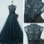 Haut de Gamme Bleu D'encre Transparentes Dansant Robe De Bal 2021 Princesse Col Haut Sans Manches Appliques En Dentelle Perlage Perle Longue Volants