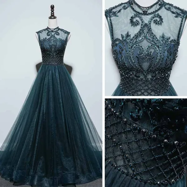 Haut de Gamme Bleu D'encre Transparentes Dansant Robe De Bal 2021 Princesse Col Haut Sans Manches Appliques En Dentelle Perlage Perle Longue Volants