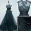 Haut de Gamme Bleu D'encre Transparentes Dansant Robe De Bal 2021 Princesse Col Haut Sans Manches Appliques En Dentelle Perlage Perle Longue Volants