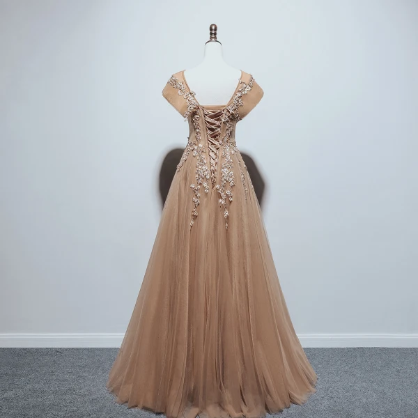 Chic / Beautiful Brown Dancing Prom Dresses 2021 A-Line / Princess See-through Scoop Neck Sleeveless Appliques Lace Beading Floor-Length / Long Ruffle Backless Formal Dresses
