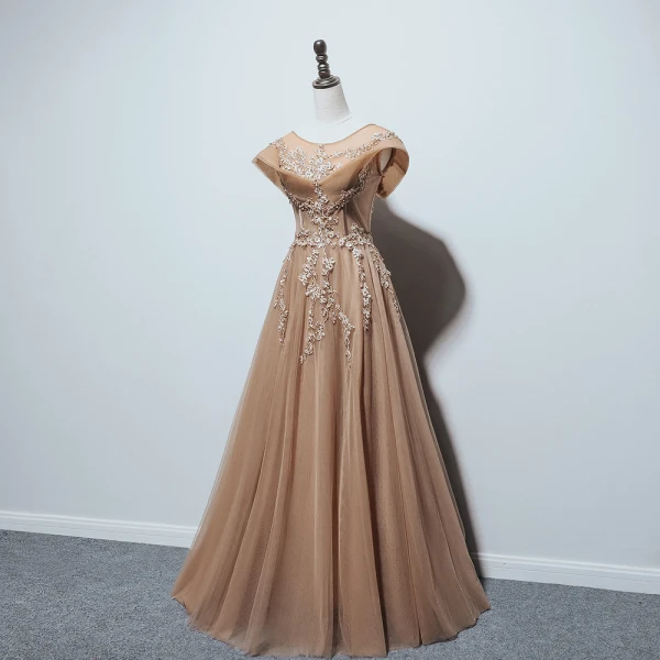 Chic / Beautiful Brown Dancing Prom Dresses 2021 A-Line / Princess See-through Scoop Neck Sleeveless Appliques Lace Beading Floor-Length / Long Ruffle Backless Formal Dresses