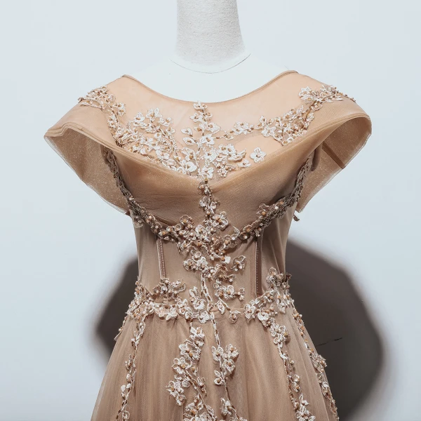 Chic / Beautiful Brown Dancing Prom Dresses 2021 A-Line / Princess See-through Scoop Neck Sleeveless Appliques Lace Beading Floor-Length / Long Ruffle Backless Formal Dresses