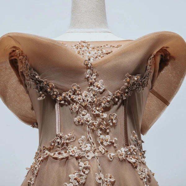 Chic / Beautiful Brown Dancing Prom Dresses 2021 A-Line / Princess See-through Scoop Neck Sleeveless Appliques Lace Beading Floor-Length / Long Ruffle Backless Formal Dresses