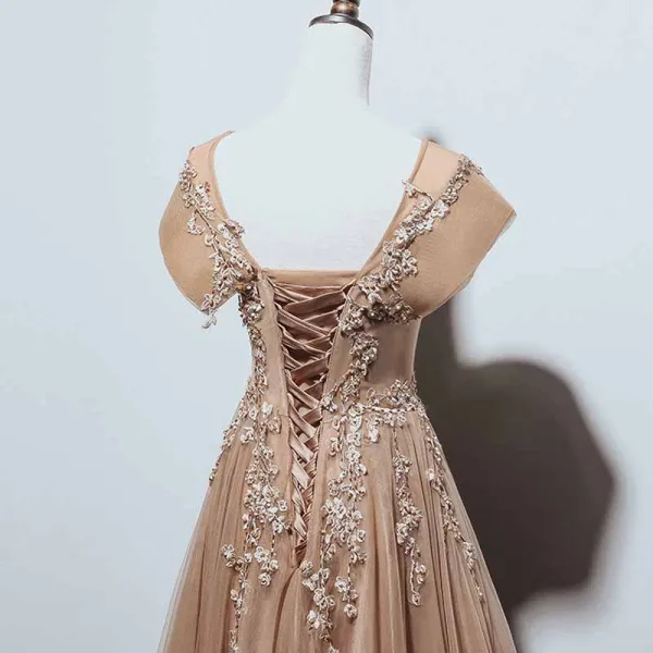 Chic / Beautiful Brown Dancing Prom Dresses 2021 A-Line / Princess See-through Scoop Neck Sleeveless Appliques Lace Beading Floor-Length / Long Ruffle Backless Formal Dresses
