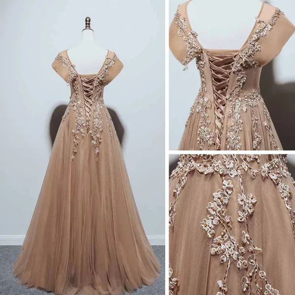 Chic / Beautiful Brown Dancing Prom Dresses 2021 A-Line / Princess See-through Scoop Neck Sleeveless Appliques Lace Beading Floor-Length / Long Ruffle Backless Formal Dresses
