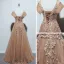 Chic / Beautiful Brown Dancing Prom Dresses 2021 A-Line / Princess See-through Scoop Neck Sleeveless Appliques Lace Beading Floor-Length / Long Ruffle Backless Formal Dresses