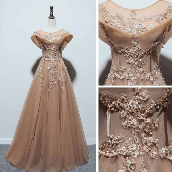 Chic / Beautiful Brown Dancing Prom Dresses 2021 A-Line / Princess See-through Scoop Neck Sleeveless Appliques Lace Beading Floor-Length / Long Ruffle Backless Formal Dresses