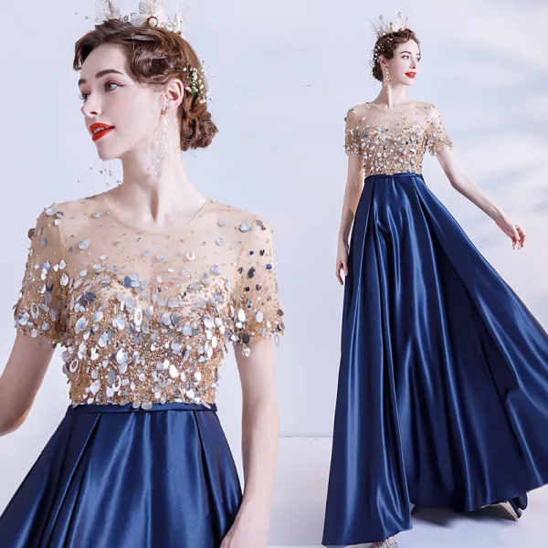 Illusion Navy Blue Satin See-through Prom Dresses 2021 A-Line / Princess Scoop Neck Short Sleeve Sash Beading Sequins Sweep Train Ruffle Formal Dresses
