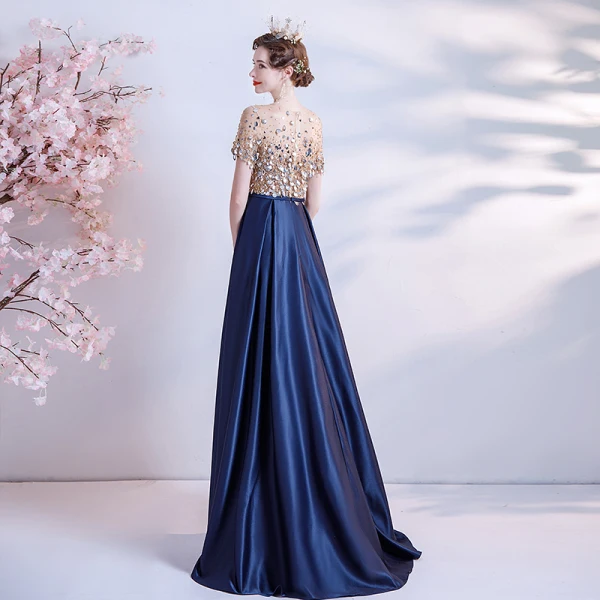 Illusion Navy Blue Satin See-through Prom Dresses 2021 A-Line / Princess Scoop Neck Short Sleeve Sash Beading Sequins Sweep Train Ruffle Formal Dresses
