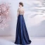 Illusion Navy Blue Satin See-through Prom Dresses 2021 A-Line / Princess Scoop Neck Short Sleeve Sash Beading Sequins Sweep Train Ruffle Formal Dresses