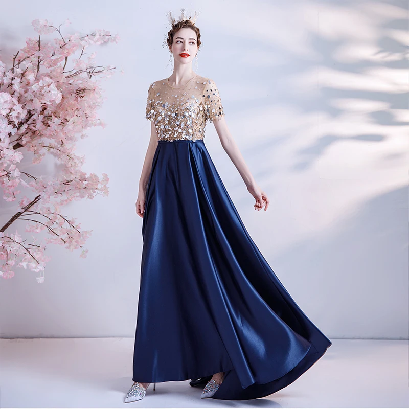 blue puffy wedding dress Sky Blue Floral Prom Dresses See Through Embroidery Formal Dress Eveni –  QueenaBridal main image 1