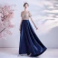 Illusion Navy Blue Satin See-through Prom Dresses 2021 A-Line / Princess Scoop Neck Short Sleeve Sash Beading Sequins Sweep Train Ruffle Formal Dresses