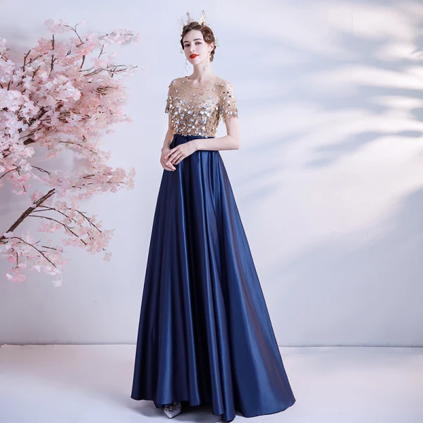 Illusion Navy Blue Satin See-through Prom Dresses 2021 A-Line / Princess Scoop Neck Short Sleeve Sash Beading Sequins Sweep Train Ruffle Formal Dresses