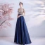 Illusion Navy Blue Satin See-through Prom Dresses 2021 A-Line / Princess Scoop Neck Short Sleeve Sash Beading Sequins Sweep Train Ruffle Formal Dresses