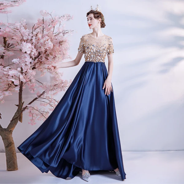 Illusion Navy Blue Satin See-through Prom Dresses 2021 A-Line / Princess Scoop Neck Short Sleeve Sash Beading Sequins Sweep Train Ruffle Formal Dresses