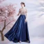 Illusion Navy Blue Satin See-through Prom Dresses 2021 A-Line / Princess Scoop Neck Short Sleeve Sash Beading Sequins Sweep Train Ruffle Formal Dresses