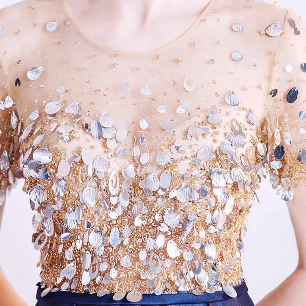 Illusion Navy Blue Satin See-through Prom Dresses 2021 A-Line / Princess Scoop Neck Short Sleeve Sash Beading Sequins Sweep Train Ruffle Formal Dresses
