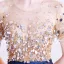 Illusion Navy Blue Satin See-through Prom Dresses 2021 A-Line / Princess Scoop Neck Short Sleeve Sash Beading Sequins Sweep Train Ruffle Formal Dresses