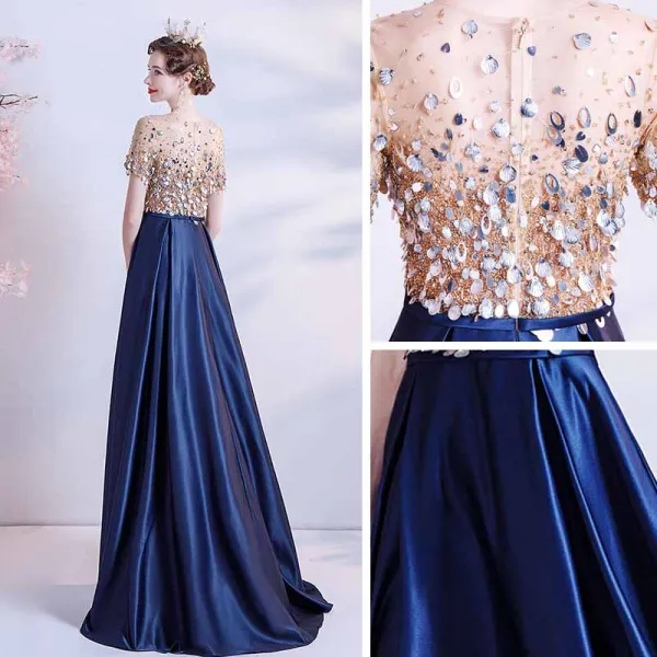 Illusion Navy Blue Satin See-through Prom Dresses 2021 A-Line / Princess Scoop Neck Short Sleeve Sash Beading Sequins Sweep Train Ruffle Formal Dresses