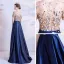 Illusion Navy Blue Satin See-through Prom Dresses 2021 A-Line / Princess Scoop Neck Short Sleeve Sash Beading Sequins Sweep Train Ruffle Formal Dresses