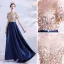 Illusion Navy Blue Satin See-through Prom Dresses 2021 A-Line / Princess Scoop Neck Short Sleeve Sash Beading Sequins Sweep Train Ruffle Formal Dresses