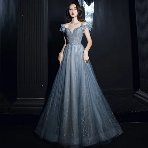 Bling Bling Océan Bleu Transparentes Dansant Robe De Bal 2021 Princesse De L 039 Épaule Manches Courtes Perlage Paillettes Glitter Tulle Longue Volants Dos Nu Robe De Ceremonie