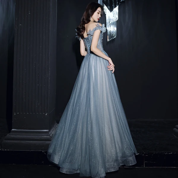Bling Bling Océan Bleu Transparentes Dansant Robe De Bal 2021 Princesse De l'épaule Manches Courtes Perlage Paillettes Glitter Tulle Longue Volants Dos Nu Robe De Ceremonie