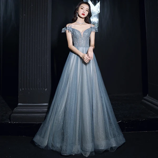 Bling Bling Océan Bleu Transparentes Dansant Robe De Bal 2021 Princesse De l'épaule Manches Courtes Perlage Paillettes Glitter Tulle Longue Volants Dos Nu Robe De Ceremonie