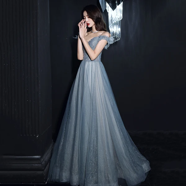 Bling Bling Océan Bleu Transparentes Dansant Robe De Bal 2021 Princesse De l'épaule Manches Courtes Perlage Paillettes Glitter Tulle Longue Volants Dos Nu Robe De Ceremonie