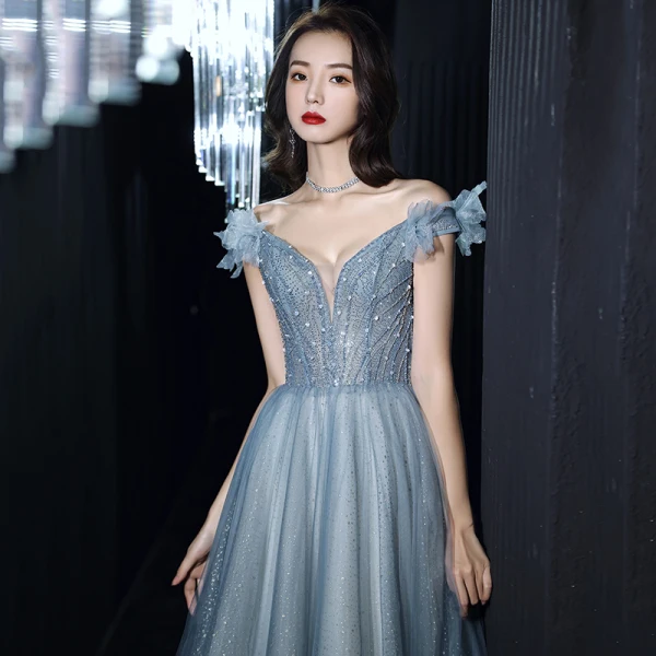 Bling Bling Océan Bleu Transparentes Dansant Robe De Bal 2021 Princesse De l'épaule Manches Courtes Perlage Paillettes Glitter Tulle Longue Volants Dos Nu Robe De Ceremonie