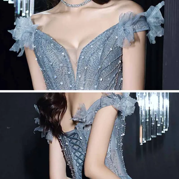 Bling Bling Océan Bleu Transparentes Dansant Robe De Bal 2021 Princesse De l'épaule Manches Courtes Perlage Paillettes Glitter Tulle Longue Volants Dos Nu Robe De Ceremonie