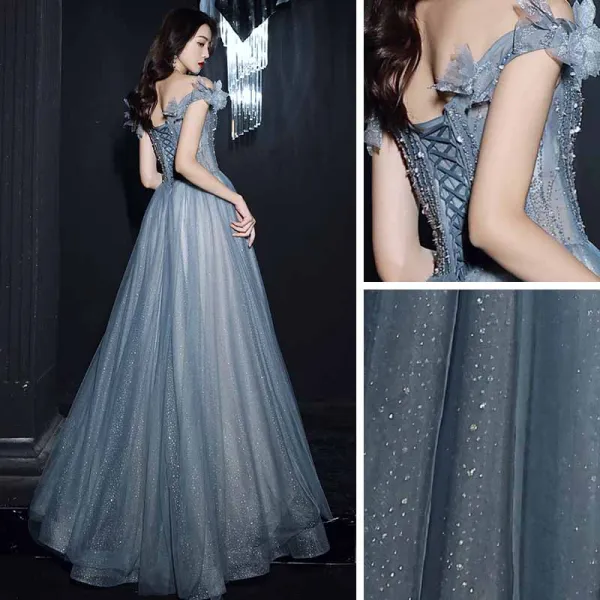 Bling Bling Océan Bleu Transparentes Dansant Robe De Bal 2021 Princesse De l'épaule Manches Courtes Perlage Paillettes Glitter Tulle Longue Volants Dos Nu Robe De Ceremonie