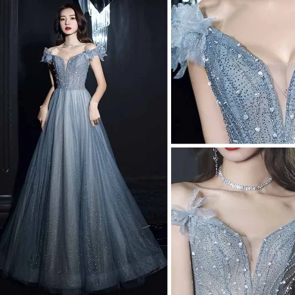 Bling Bling Océan Bleu Transparentes Dansant Robe De Bal 2021 Princesse De l'épaule Manches Courtes Perlage Paillettes Glitter Tulle Longue Volants Dos Nu Robe De Ceremonie