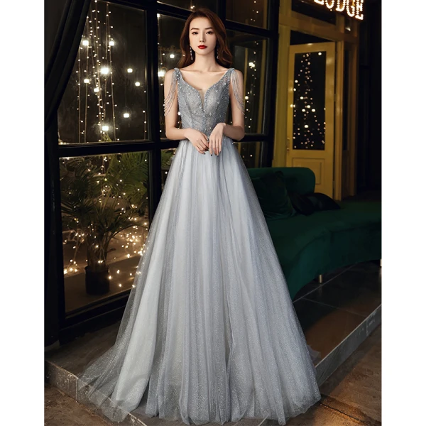 Bling Bling Grey Prom Dresses 2021 A-Line / Princess Deep V-Neck Sleeveless Beading Rhinestone Glitter Tulle Sweep Train Ruffle Backless Formal Dresses