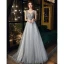 Bling Bling Grey Prom Dresses 2021 A-Line / Princess Deep V-Neck Sleeveless Beading Rhinestone Glitter Tulle Sweep Train Ruffle Backless Formal Dresses