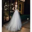 Bling Bling Grey Prom Dresses 2021 A-Line / Princess Deep V-Neck Sleeveless Beading Rhinestone Glitter Tulle Sweep Train Ruffle Backless Formal Dresses