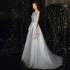 Bling Bling Grey Prom Dresses 2021 A-Line / Princess Deep V-Neck Sleeveless Beading Rhinestone Glitter Tulle Sweep Train Ruffle Backless Formal Dresses