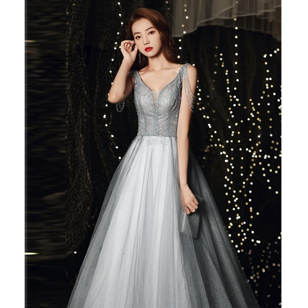 Bling Bling Grey Prom Dresses 2021 A-Line / Princess Deep V-Neck Sleeveless Beading Rhinestone Glitter Tulle Sweep Train Ruffle Backless Formal Dresses