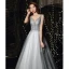 Bling Bling Grey Prom Dresses 2021 A-Line / Princess Deep V-Neck Sleeveless Beading Rhinestone Glitter Tulle Sweep Train Ruffle Backless Formal Dresses