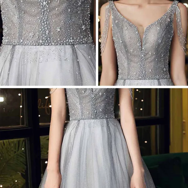 Bling Bling Grey Prom Dresses 2021 A-Line / Princess Deep V-Neck Sleeveless Beading Rhinestone Glitter Tulle Sweep Train Ruffle Backless Formal Dresses